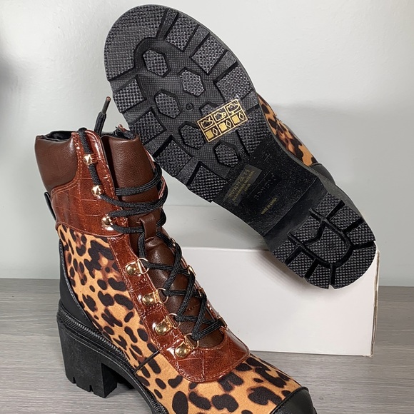 Dolls Kill Leopard/Cheetah Print Faux Suede, Leather, Chunky Heel Combat Boot - Picture 3 of 3